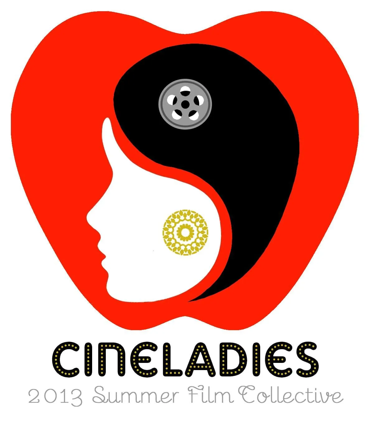 Logo for the CINELadies 2013 Summer Film Collective: a white woman’s profile and a film reel inside a black swirl on a red apple shape.