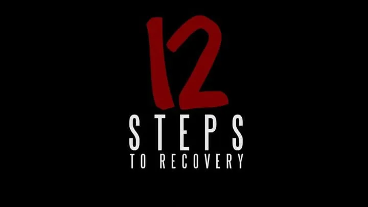 Title card for the web series 12 Steps to Recovery: a large red 12 above the white words STEPS TO RECOVERY on black.