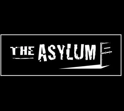 The Asylum logo in white lettering on black, beside a barred door.