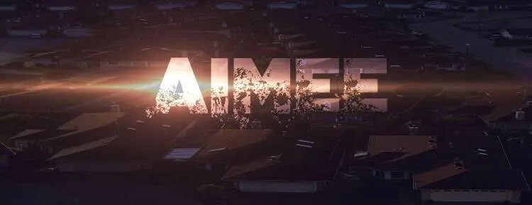 Title card for the film Aimee: the word AIMEE in distressed lettering over a dusky aerial view of suburban rooftops.