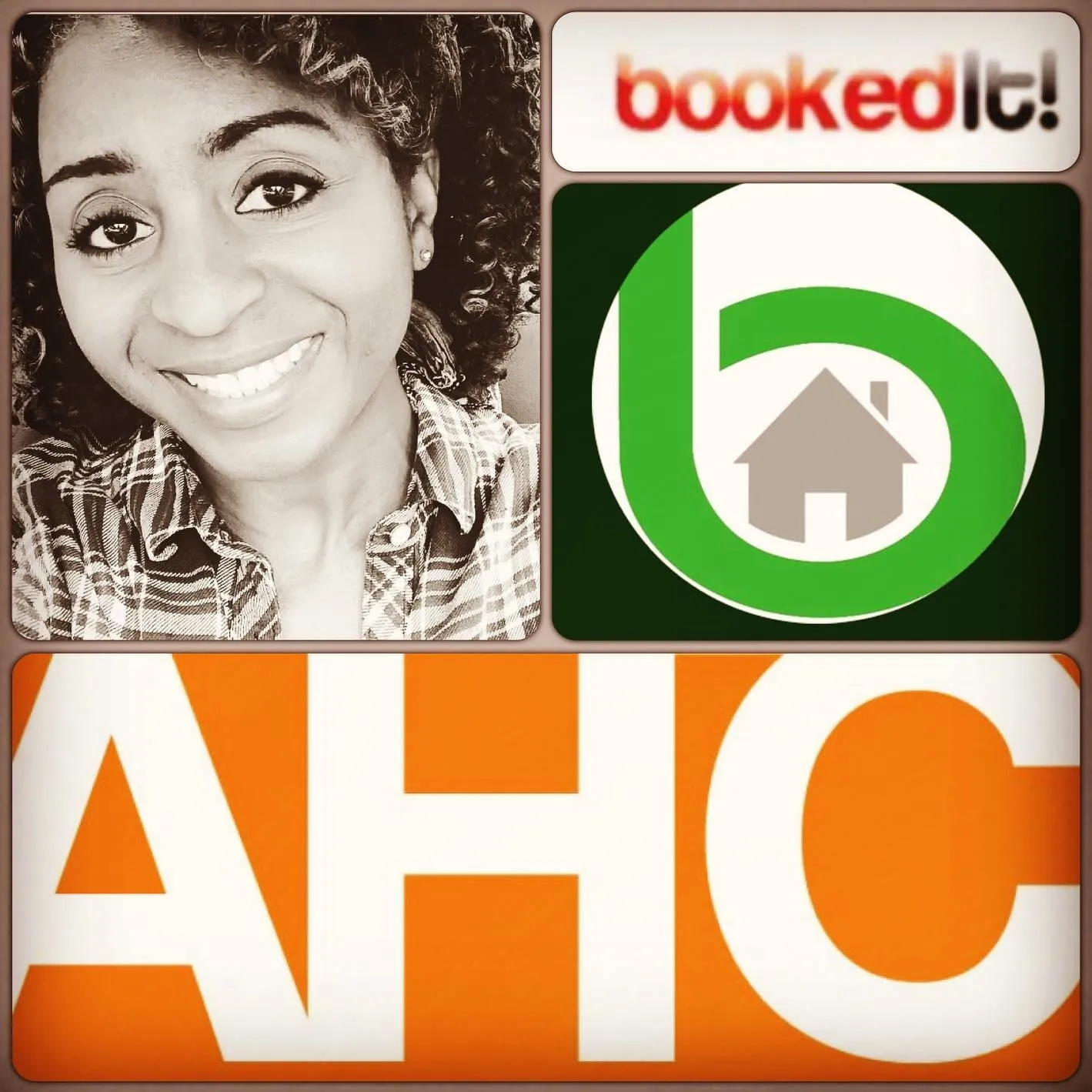 Collage for the commercial booking: a smiling woman in a plaid shirt, a bookedIt! logo, a green b house logo, and the orange AHC Casting logo