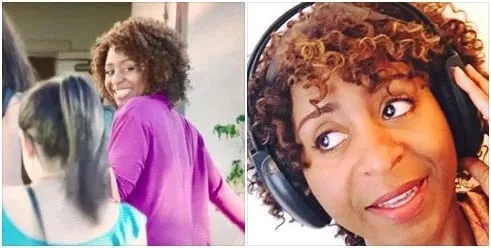 Promo for Sophia Thomas’s ADR work as Carol: a TV-movie still of a woman in a purple top glancing back, beside a woman in studio headphones