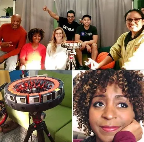 Collage from the VR shoot: a smiling cast and crew group with a 360-degree camera, the camera rig on a tripod, and a woman’s close-up