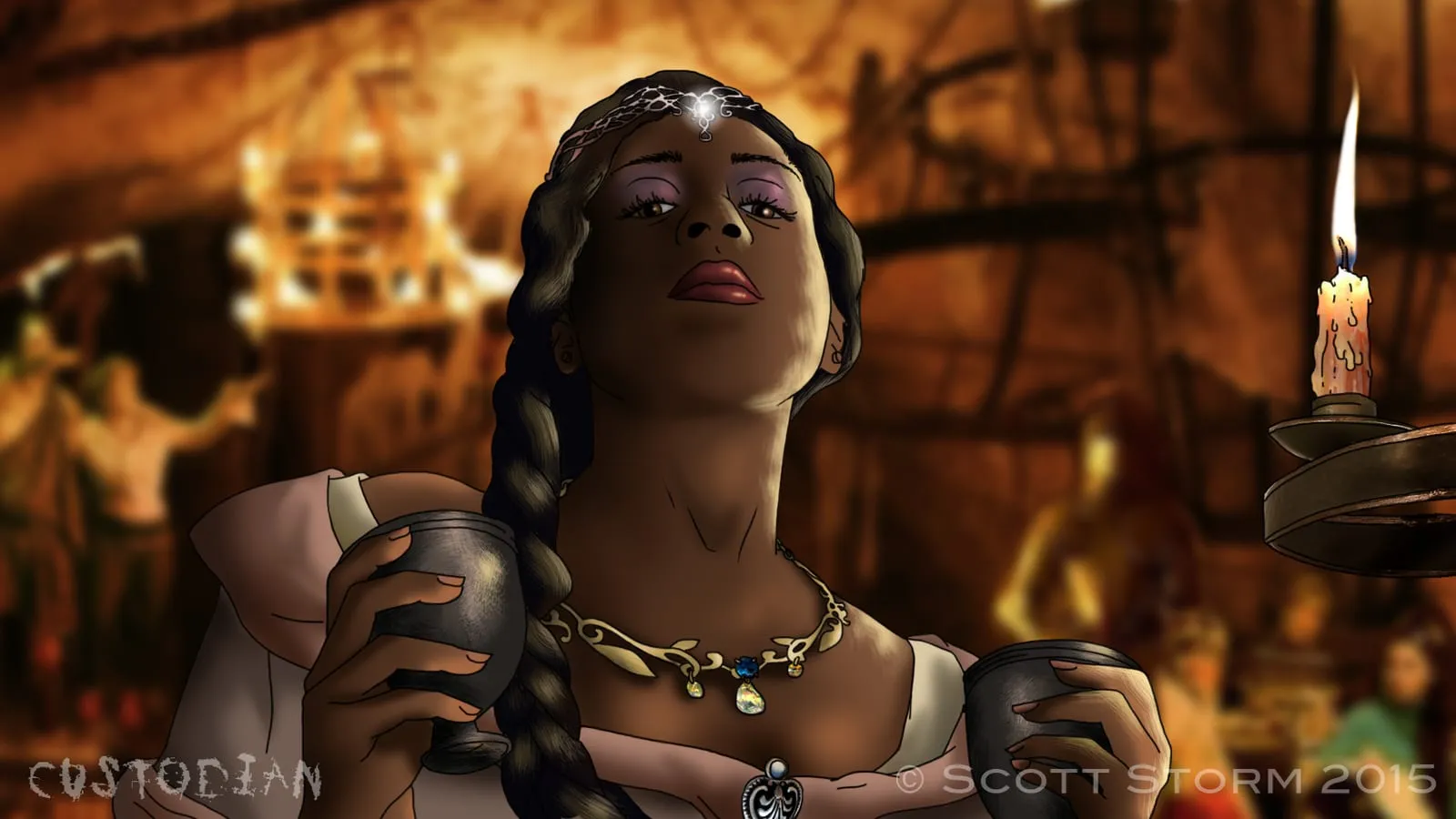Sophia Thomas animated as Omari in Custodian: an illustrated woman with a jeweled circlet and long braid holding goblets in a candlelit tavern.