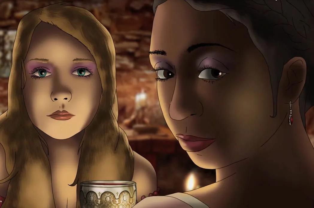 Animated still from Scott Storm’s Custodian: two women by candlelight, one with long light-brown hair, one with short dark hair and a drop earring