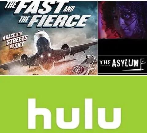 Collage of The Fast and the Fierce poster, a purple-lit close-up of a woman, The Asylum logo and the green Hulu logo.