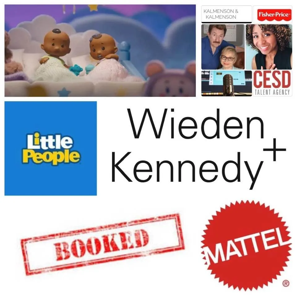 Commercial promo collage: two animated Little People babies in cribs, a BOOKED stamp, a smiling woman and logos for Fisher-Price, Mattel and Wieden+Kennedy
