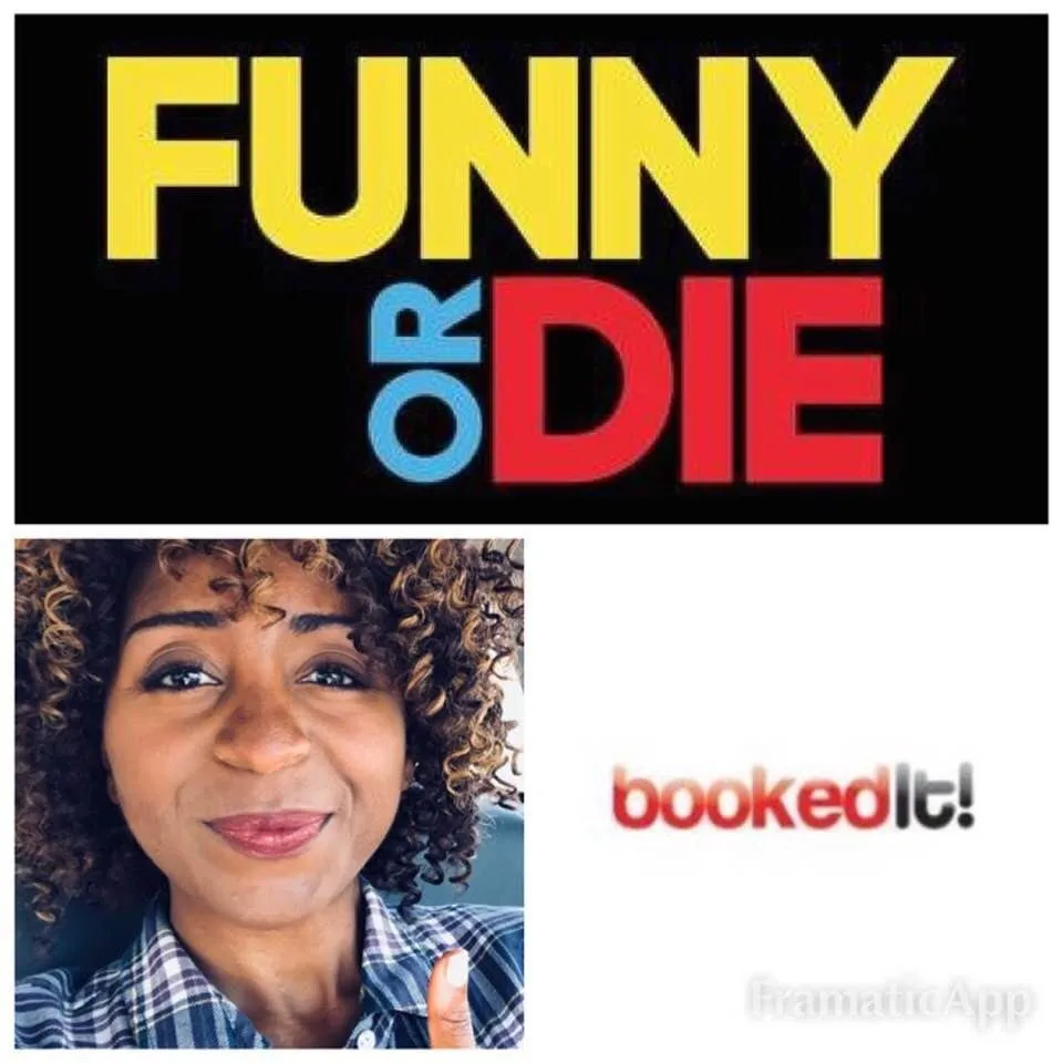 Booking announcement collage: the Funny or Die logo, a smiling woman in a plaid shirt giving a thumbs up, and a bookedIt! logo