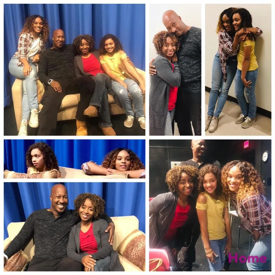 Collage of cast photos from the film Home: a man, a woman in a red top and two girls posing and hugging on a set with blue curtains.