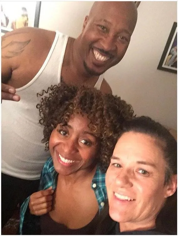 Selfie after wrapping Home: Sophia Thomas, co-star Quami Adams and makeup artist Kristen smile together, a man in a white tank top behind two women.