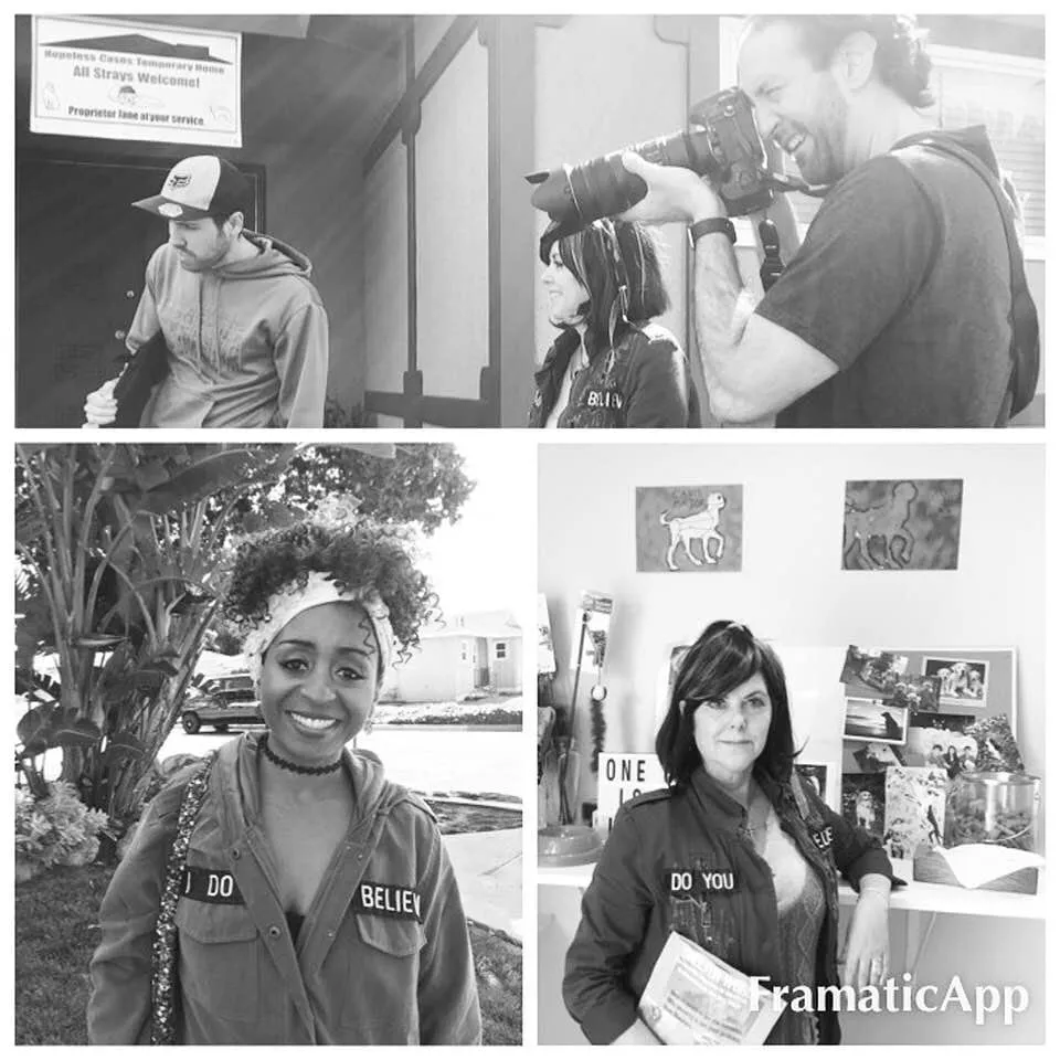 Black-and-white shoot-day collage for How Comedy Landed Me in the Psych Ward: a man leaving a pet shelter, a photographer, and two women in patched olive jackets.