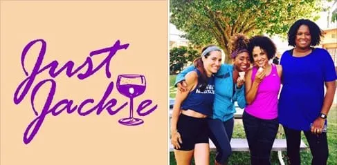 Just Jackie logo, purple script with a wine glass on a peach background, beside a photo of four women in athletic wear outdoors.