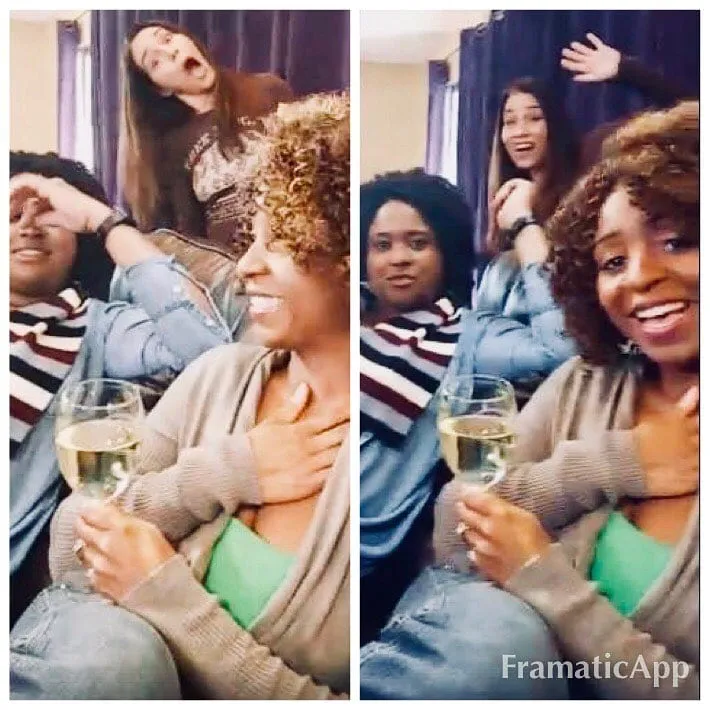 Split screenshot from the Facebook Live on day one of Just Jackie season 2: three bookclub ladies laughing and mugging on a couch