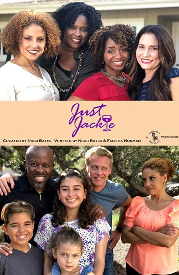 Just Jackie poster: four smiling women above the show title, created by Nicci Bates, and a family group of six below.