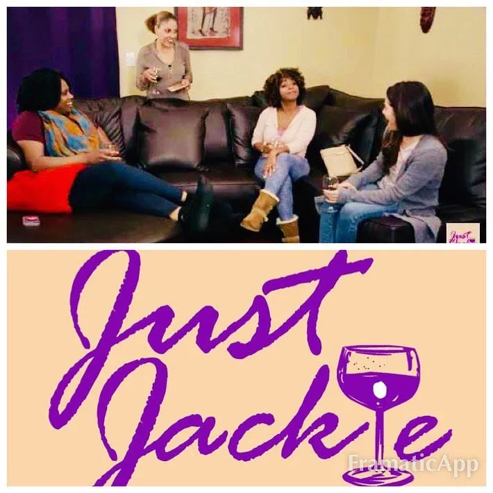 Promo for the Just Jackie episode The Relax & Tax Debacle: four women with wine glasses in a living room above the purple Just Jackie logo.