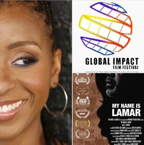 Collage for the Global Impact Film Festival screening: a smiling woman in a hoop earring, the festival logo, and the My Name Is Lamar poster