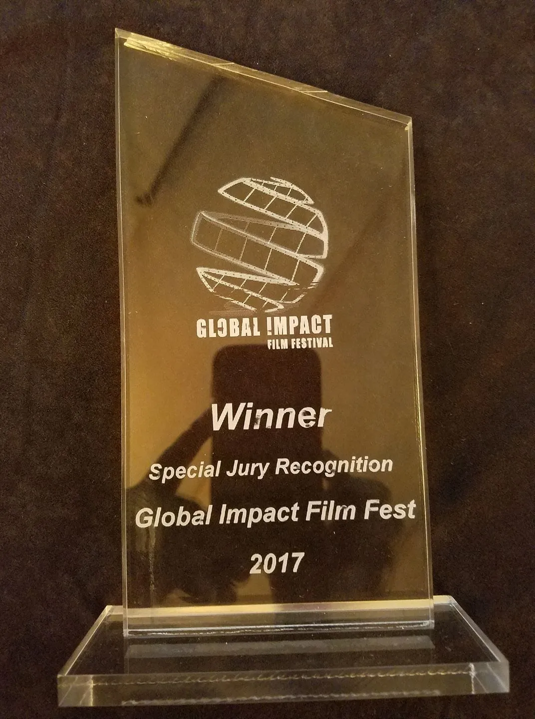 Clear acrylic trophy engraved Winner, Special Jury Recognition, Global Impact Film Fest 2017, won by My Name Is Lamar