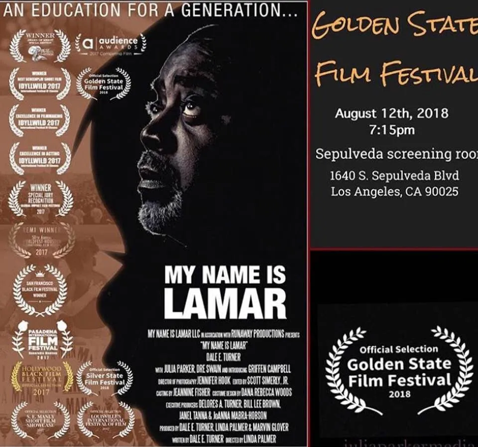 My Name Is Lamar poster with festival laurels beside screening info: Golden State Film Festival, Aug 12, 2018, 7:15pm, Sepulveda Screening Room, Los Angeles.