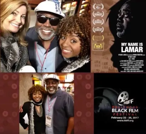 Collage from the Hollywood Black Film Festival, Feb 22-26, 2017: smiling attendees, the My Name Is Lamar poster and the festival logo.