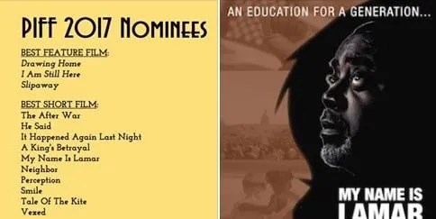 PIFF 2017 Nominees list showing My Name Is Lamar among the Best Short Film nominees, beside the film’s poster.