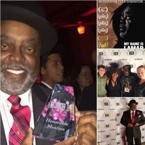A smiling man in a black hat holds a glass Honorable Mention award, with the My Name Is Lamar poster and festival photos alongside.
