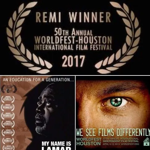 Remi Winner laurel for the 50th WorldFest-Houston International Film Festival 2017 above the My Name Is Lamar poster and a WorldFest Houston promo.