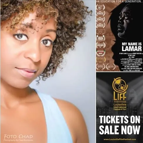 Collage for the Louisville screening: a curly-haired woman’s headshot, the My Name Is Lamar poster and a Louisville International Festival of Film Tickets On Sale Now ad.