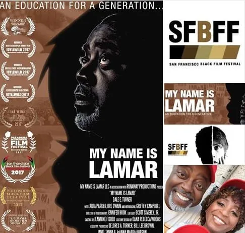 Collage for the San Francisco Black Film Festival screening: the My Name Is Lamar poster, SFBFF logos, and a smiling man and woman in red caps