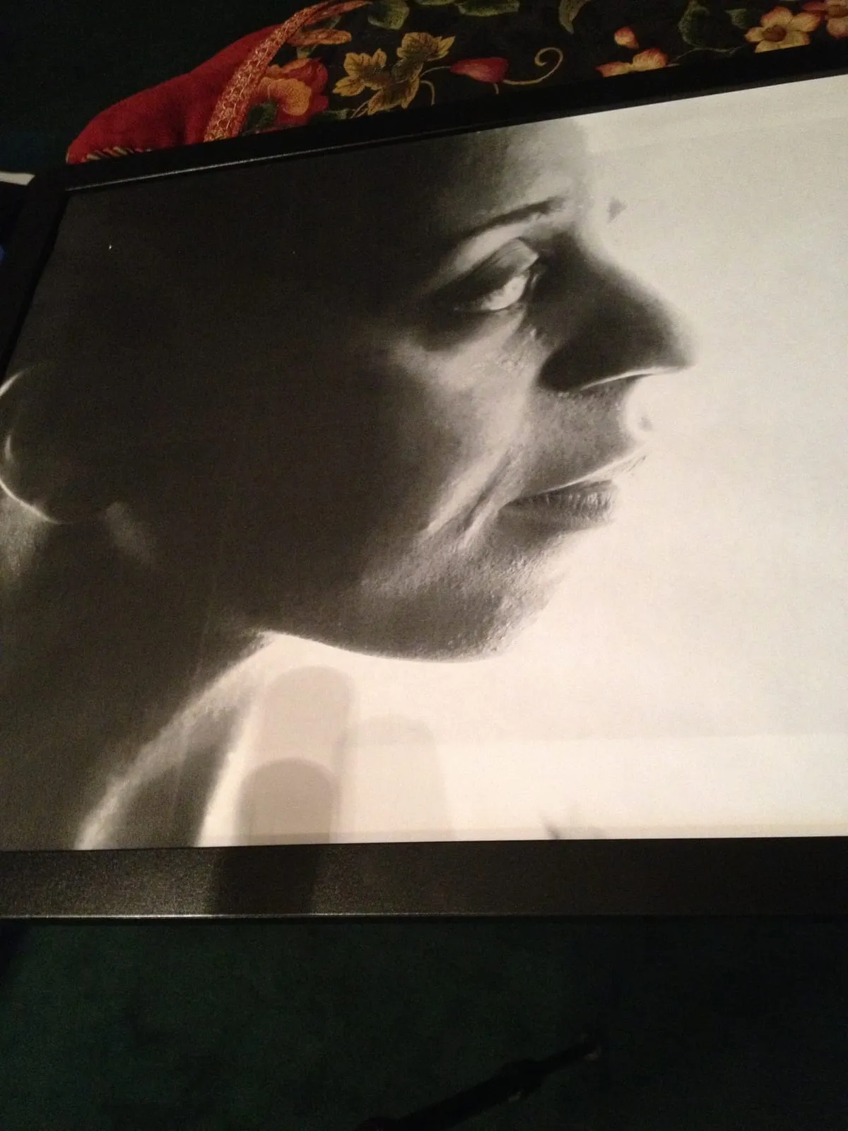 Framed high-contrast black-and-white print of a woman’s face in profile, photographed at an angle, tied to Malie, the photographer in the short film 27.