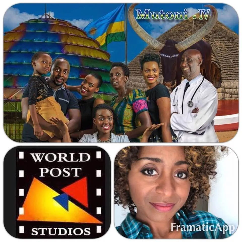 Collage: Mutoni.TV cast poster with a Rwandan flag and family, the World Post Studios logo, and a smiling woman with curly hair
