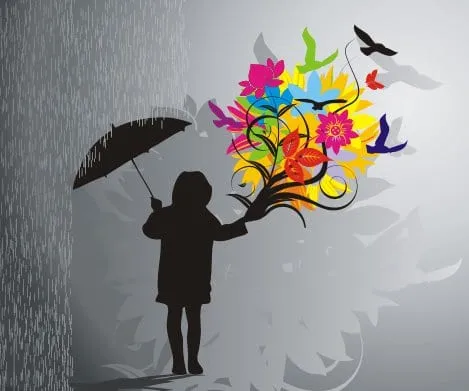 Illustration of a child in silhouette holding an umbrella in gray rain, with a burst of colorful flowers and birds rising from the other hand