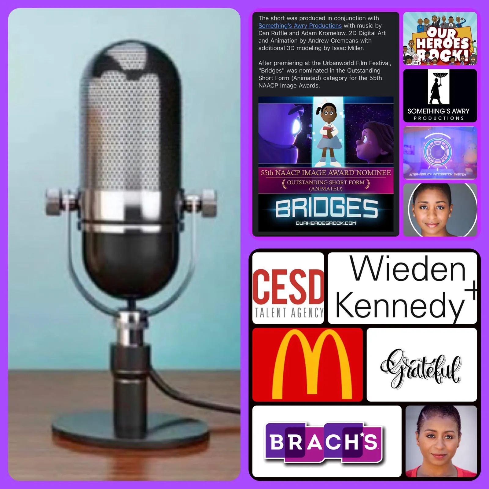 Collage with a studio microphone, the Bridges animated short card (55th NAACP Image Award nominee) and logos for Our Heroes Rock, McDonald’s and Brach’s
