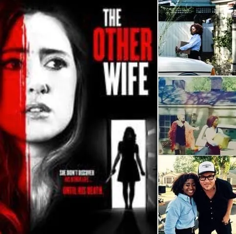 Collage for The Other Wife on Lifetime: the film poster, stills of a woman in a blue shirt delivering packages, and a set photo with a man in a white cap.
