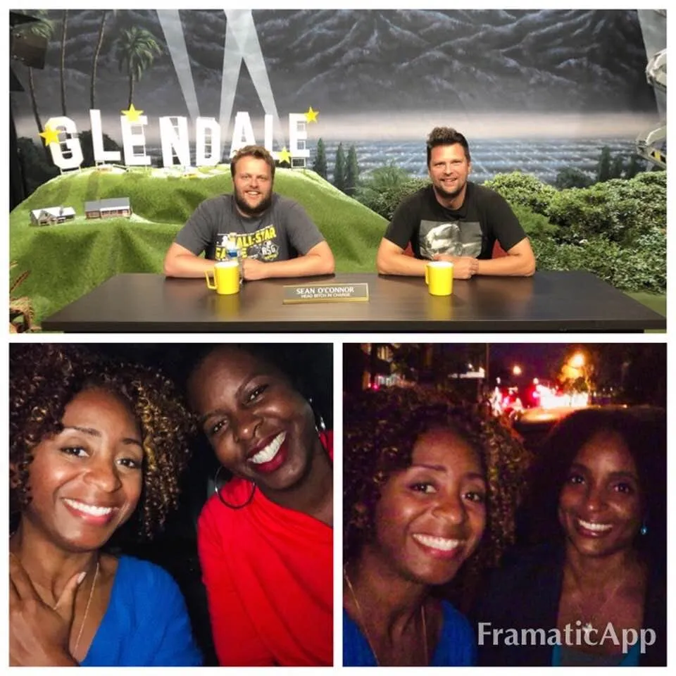 Collage from the Outside Hollywood taping: two men at a desk on a Glendale-sign set with a Sean O’Connor nameplate, plus two nighttime selfies of smiling friends.