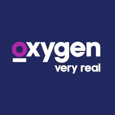 Oxygen Network logo: white lowercase oxygen wordmark with a purple o and the tagline very real on a navy square