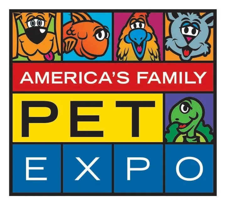 Logo for America’s Family Pet Expo, with cartoon dog, goldfish, bird, cat and turtle faces in colorful blocks, the event Sophia Thomas voiced a promo for