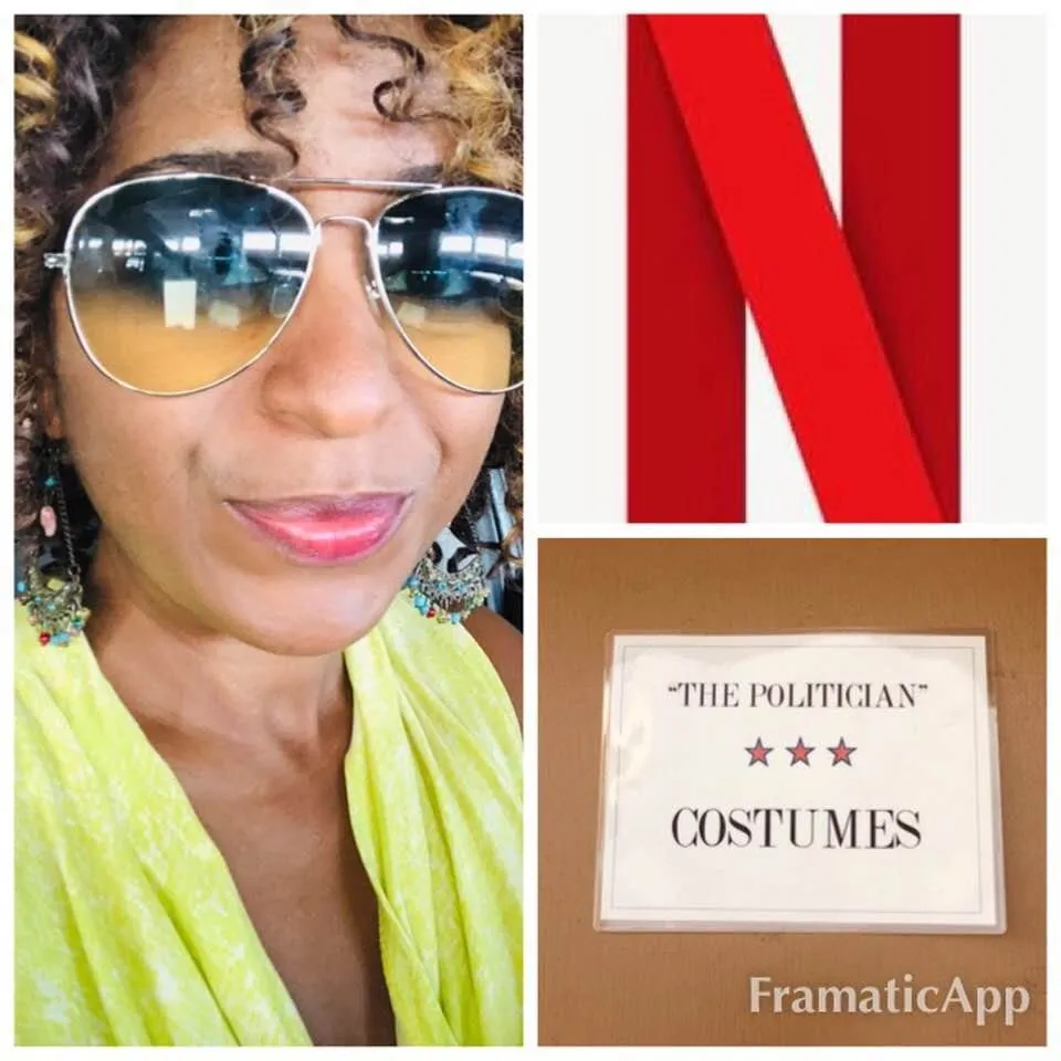 Collage from a costume fitting: a woman in tinted aviator sunglasses and a lime-green top, the Netflix N logo and a door sign reading The Politician Costumes.