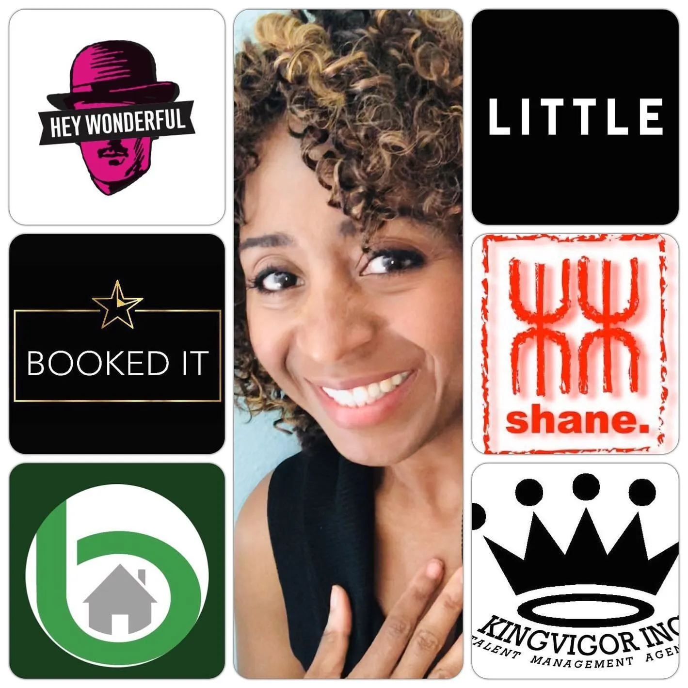Smiling woman with curly hair at center, framed by logos for Hey Wonderful, Little, Booked It, shane., Kingvigor Inc and a green b-and-house logo.