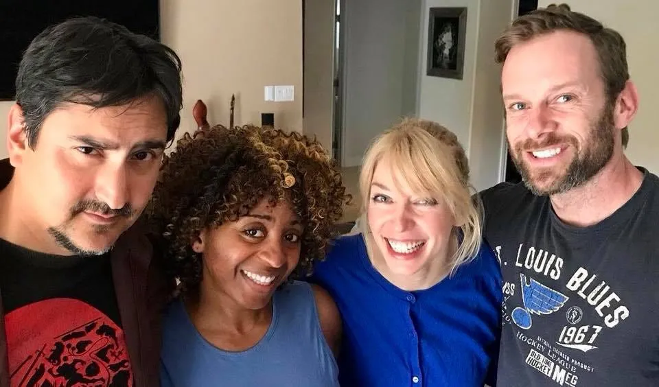 Sinister Minister group selfie, left to right: director Jose Montesinos, Sophia Thomas (Carol), Liz Fenning (Betsey), Ryan Shanahan (DJ)