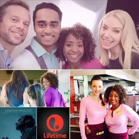 Collage for Sinister Minister on Lifetime: a smiling group selfie of four people, a woman in a purple top, two women in pink uniforms, and the Lifetime logo.