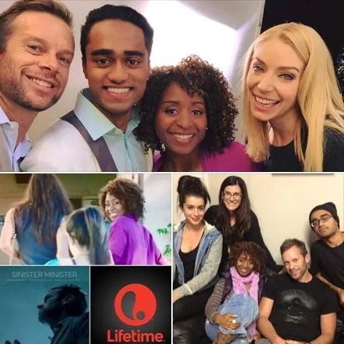 Collage for Sinister Minister on Lifetime: cast selfies and group photos, a film still, the Sinister Minister title card and the Lifetime logo