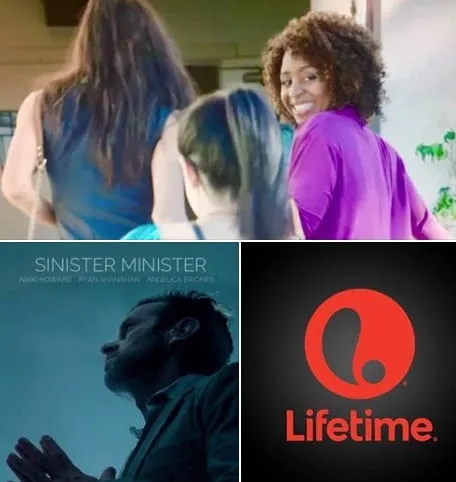 Collage for Lifetime’s Sinister Minister: a film still of a woman in a purple top glancing back, the movie poster and the Lifetime logo