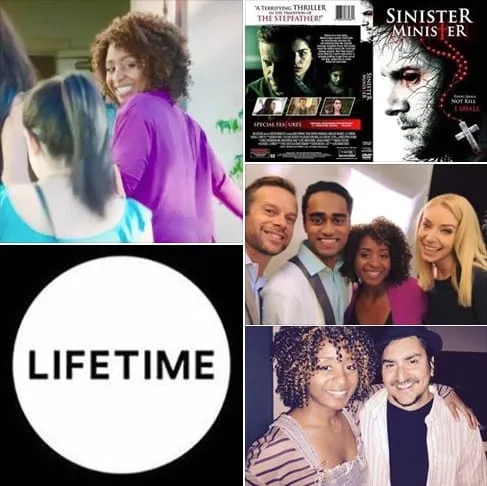 Collage for the Sinister Minister iTunes and Amazon release: a film still, the DVD cover, the Lifetime logo and two smiling behind-the-scenes photos