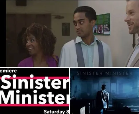 Promo collage for the Lifetime movie Sinister Minister: a teaser still of a woman and two men, a premiere graphic and a church scene.