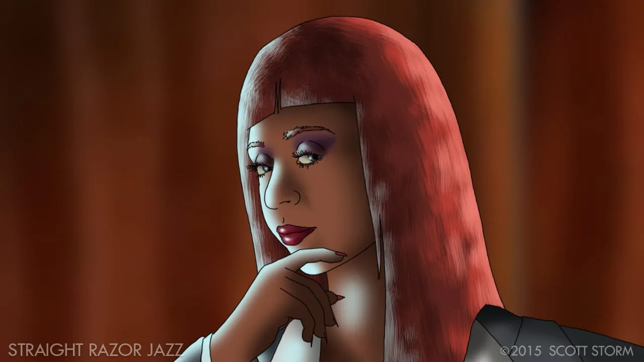 Animated portrait of Sophia Thomas as a woman with long red hair resting her chin on her hand, from the Straight Razor Jazz sizzle reel by Scott Storm