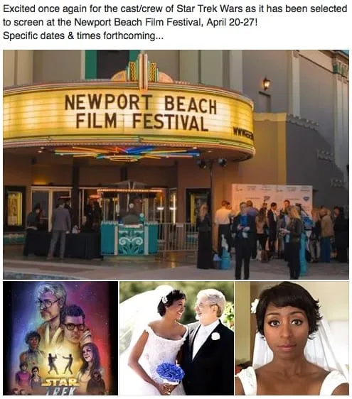 Social post announcing Star Trek Wars at the Newport Beach Film Festival, April 20-27, with a lit theater marquee and film promo images