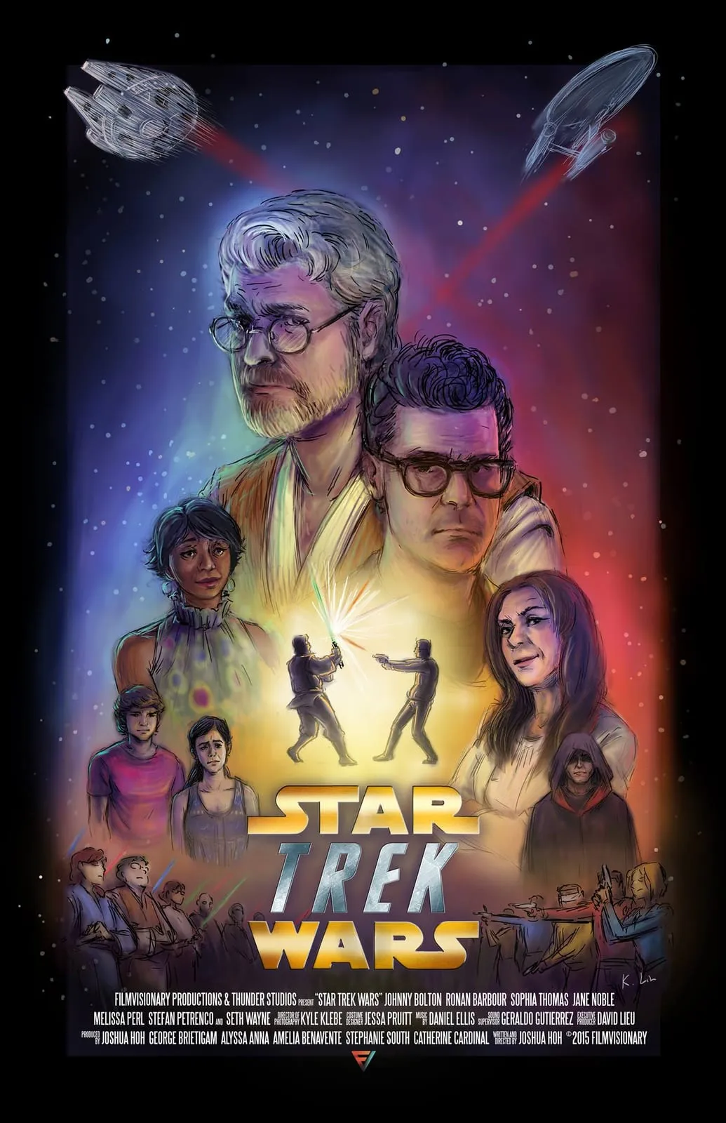 Painted poster for the film Star Trek Wars showing a lightsaber and phaser duel, with spaceships above and cast names including Sophia Thomas below