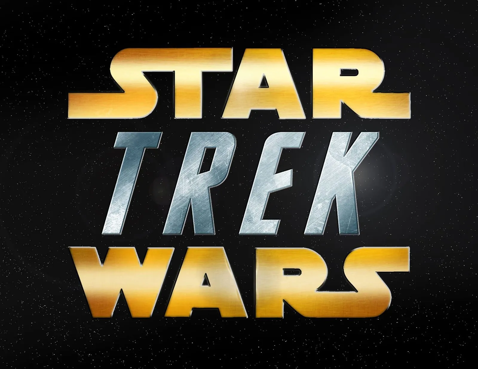 Star Trek Wars title logo in gold and brushed-steel letters on a starfield background