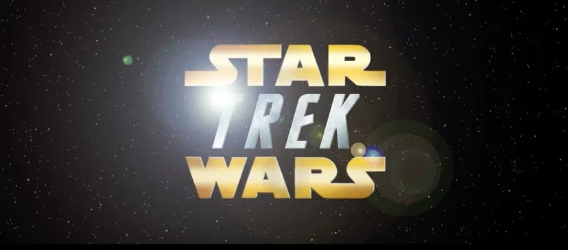 Star Trek Wars title logo in gold and silver letters against a starry black space background with a bright lens flare
