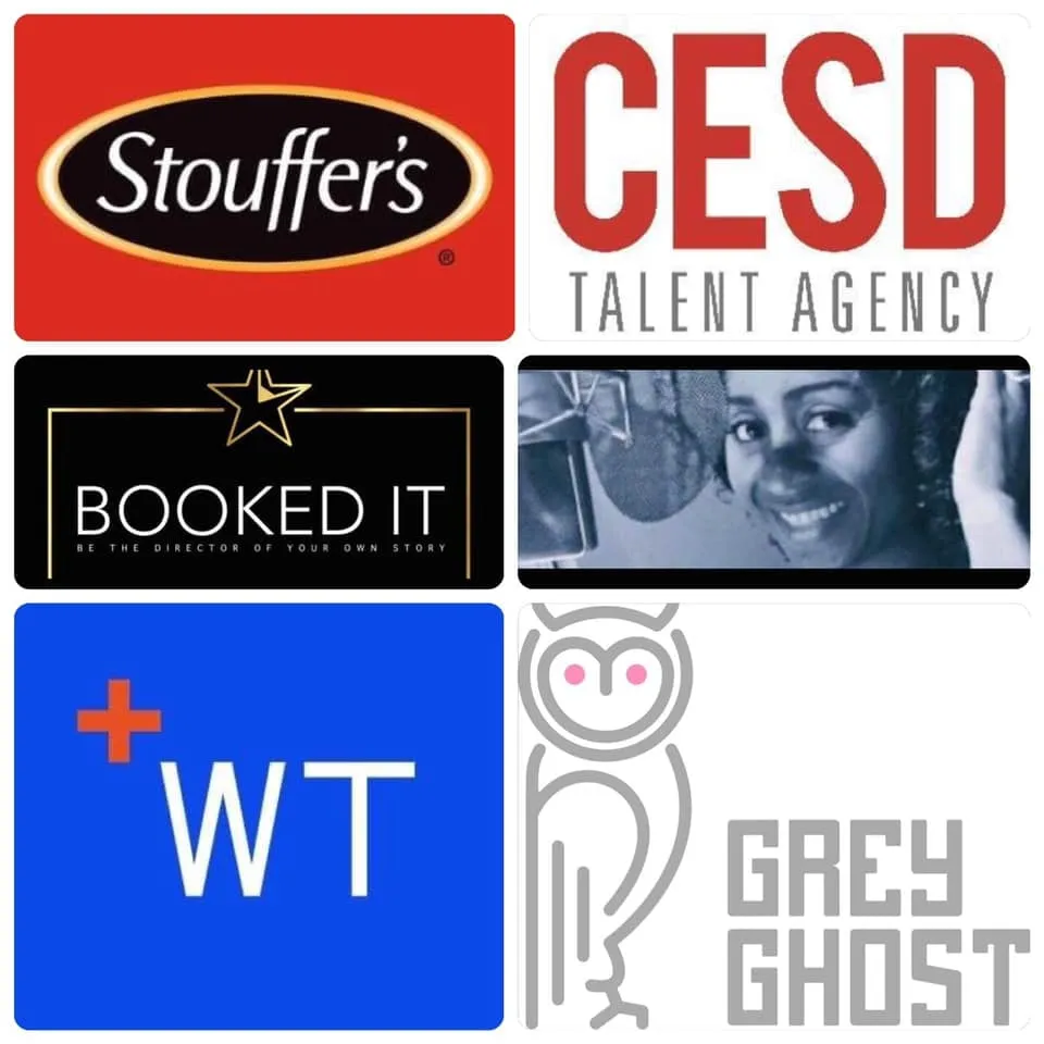 Collage of logos for Stouffer’s, CESD Talent Agency, Booked It, WT and Grey Ghost, with a smiling woman at a recording-studio microphone.